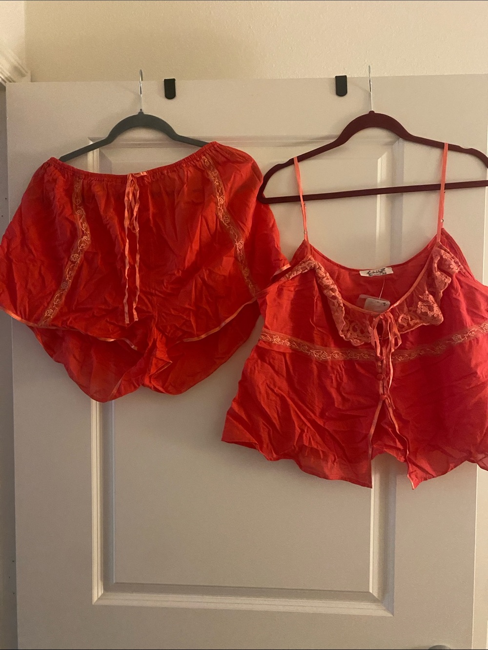 Free People Red Lace-Trim Satin Cami Set